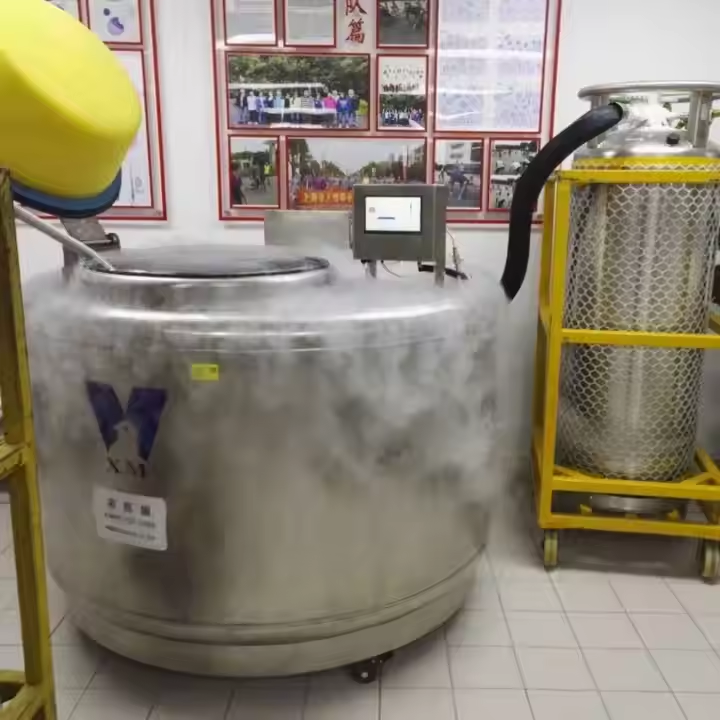 使用液氮罐凍存，外部結霜